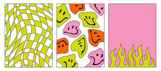 Set of acid futuristic backgrounds. Vector Psychedelic posters in the style of the 90s. Tribal Flame, checkered pattern and distorted smiling faces. Trendy Graphic Template with space for text