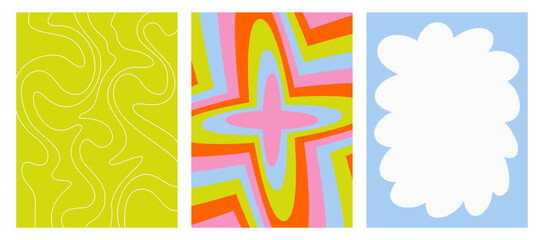 Set of colorful modern backgrounds. Vector posters in the style of the 90s. Psychedelic pattern. Vector illustration isolated on a white background. Trendy futuristic Graphic Template