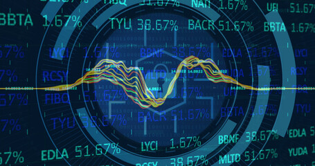 Image of scope scanning with padlock icon and graph over stock market on black background