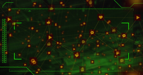 Image of data processing and network of connections over dark background