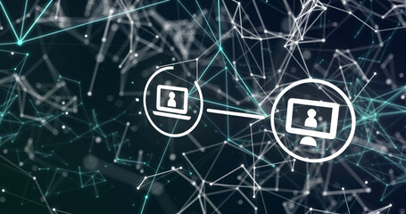 Image of icons and network of connections over dark background