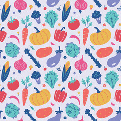 Hand drawn seamless vegetable pattern, vector doodle colored ornament of  tomato, potato, cabbage icons, illustrations of vegetables on gray background, colored pattern of healthy organic farm food