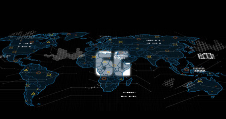 Image of 6g text with multicolored geometric shapes over digital map against black background