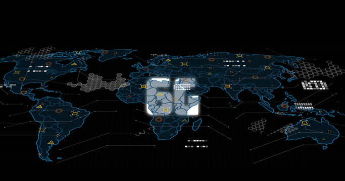 Image of 6g text with multicolored geometric shapes over digital map against black background - Powered by Adobe