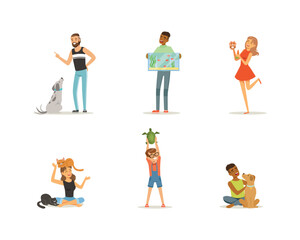 Fototapeta na wymiar Happy People Pet Owner with Dog, Cat, Hamster and Fish Loving Their Animal Vector Set