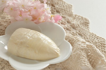 Boiled bamboo shoot on dish for prepared spring food ingredient