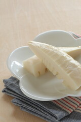 Boiled bamboo shoot on dish for prepared spring food ingredient