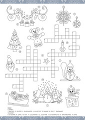 Christmas Crossword in Danish. Game and Coloring page. Vector illustration. 