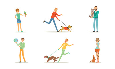 Fototapeta na wymiar Happy People Pet Owner with Dog, Cat, Parrot and Fish Loving Their Animal Vector Set
