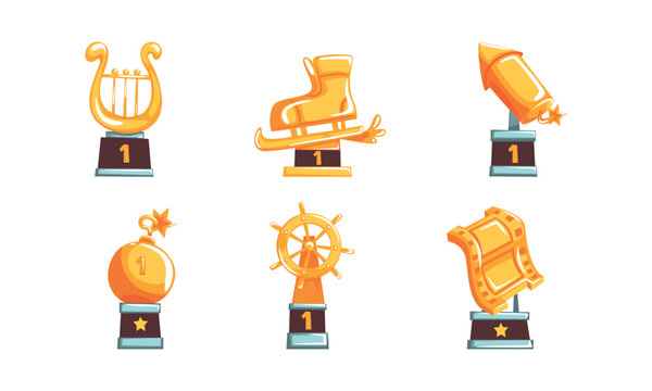 Golden Award Statuette as Music, Sport and Work Trophy and Prize Vector Set