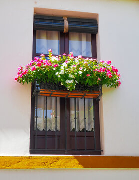 Typical Andalusian window with balcony and flower box
