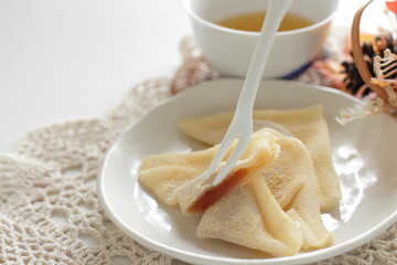 Japansese sweet food, Kyoto sweet potato paste in sticky rice in triangle shape for regional confectionery 