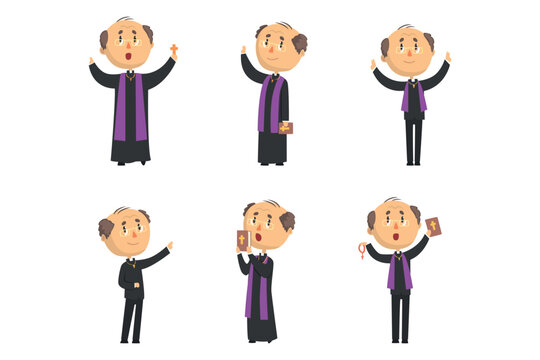 Catholic Preacher or Priest Giving Speech and Blessing Vector Set