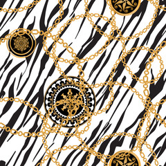 Seamless pattern decorated with precious stones, gold chains and pearls.	