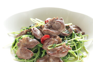 Chinese cuisine, chicken gizzard and pea sprout stir fried