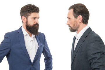 Together employees accomplish more. Businessmen isolated on white. Business partners. Bearded men in business style. Business professionals in formal wear. Business meeting