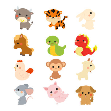 Cute Chinese Zodiac animals set. Flat vector cartoon design