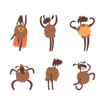 Funny Brown Sheep Character as Hoofed Animal Engaged in Different Activity Vector Set