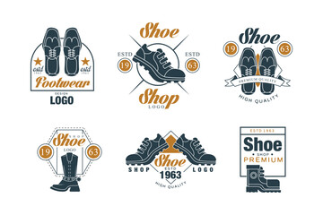 Fototapeta na wymiar Shoe shop badges set. Retro style logo templates for shoemaker, footwear store and shoes repair service vector illustration