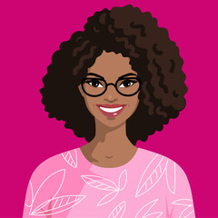 Portrait of a dark-skinned young woman in glasses. Smiling African girl with curly hair and wearing pink clothes. Avatar of a happy dark-skinned woman on a crimson background. Cartoon style. Vector.