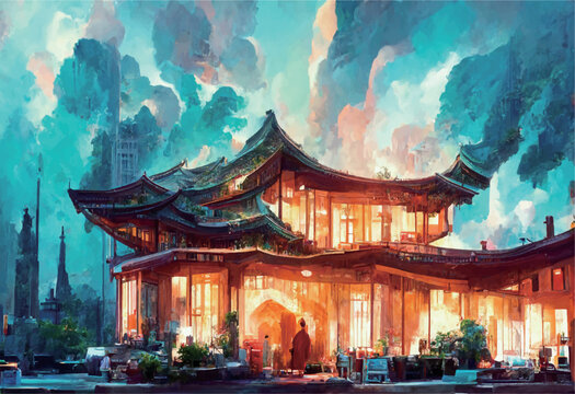 Design Of An Illuminated Traditional Asian House Paint Under Gray Cloudy Sky
