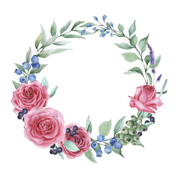 Watercolor wreath of roses and leaves
