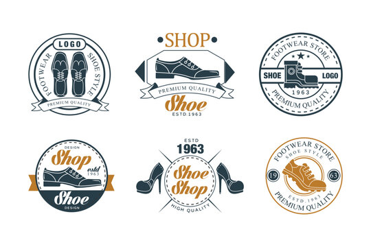 Footwear Store Badges Set. Shoemaker, Shoe Shop And Repair Service Vintage Logo Design Vector Illustration