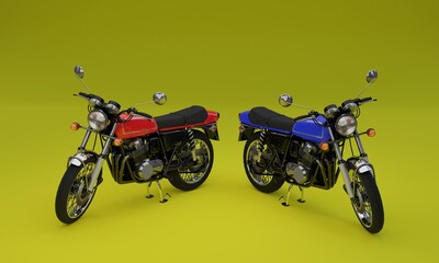 3d illustration, frontal image of two motorcycles, yellow background, 3d rendering.