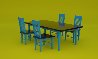 3d illustration, tables and chairs, yellow background, 3d rendering.