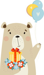 Cute bear with gift, flowers and balloons