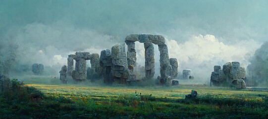 Ancient towering stone monolith pillars in lush green forest meadow, lost civilization city ruins shrouded in fog. Surreal dreamscape that is intriguing to full mystery.	
