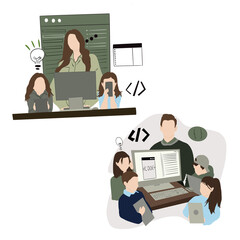 Kids with a teacher  set learn to coding and programming illustration.