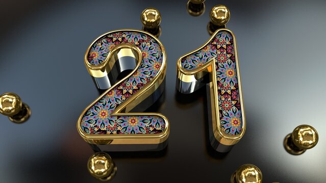 Vintage Royal Gold Floral Pattern 21 Number With Gold Metal Spheres Above The Glass Plane 3D Rendering