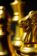 Golden knight chess piece close-up on black background