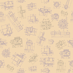 Technical drawing, unique machine details. Seamless editable pattern (pink).