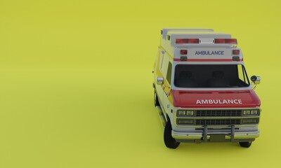 3d illustration, ambulance, yellow background, copy space 3d rendering.