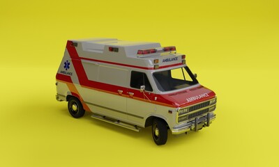 3d illustration, ambulance, yellow background 3d rendering.