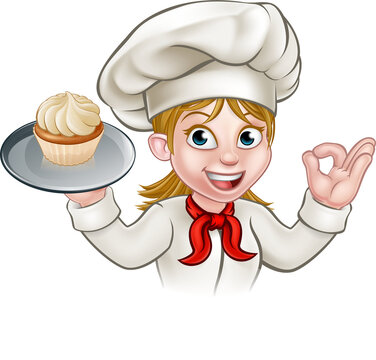 Cartoon Woman Pastry Chef Baker With Cupcake
