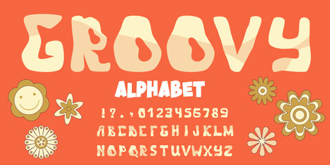 Groovy alphabet font in vintage hippy style. Retro 60s 70s psychedelic design alphabet. Vintage 70s wavy background. Psychedelic swirl groovy letters.