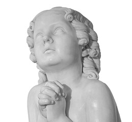 Beautiful marble statue of an pray infant angel isolated on white