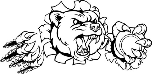 A bear angry animal sports mascot holding a tennis ball and breaking through the background with its claws