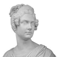 Ancient white marble sculpture head of young woman. Statue of sensual renaissance art era woman antique style. Face isolated on white background