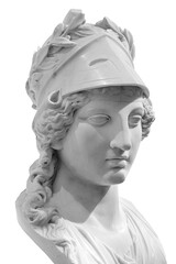 Ancient Greek goddess Athena Pallas statue isolated on white. Marble woman head in helmet sculpture. - obrazy, fototapety, plakaty