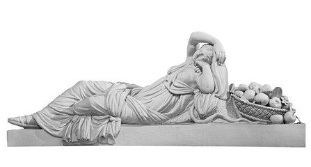 Old statue of sensual renaissance era woman laying with basket of fruits isolated on white...