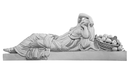 Old statue of sensual renaissance era woman laying with basket of fruits isolated on white background