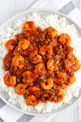 Homemade Cuban Shrimp Creole on a Plate, top view. Overhead, from above, flat lay. Close-up.