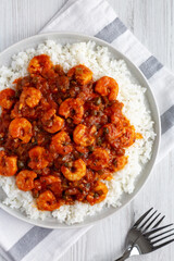 Homemade Cuban Shrimp Creole on a Plate, top view. Overhead, from above, flat lay.