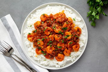 Homemade Cuban Shrimp Creole on a Plate on a gray surface, top view. Flat lay, overhead, from above.