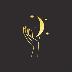 Moon goold Mystical logo. Vector Illustration. Minimalist Line art Style.