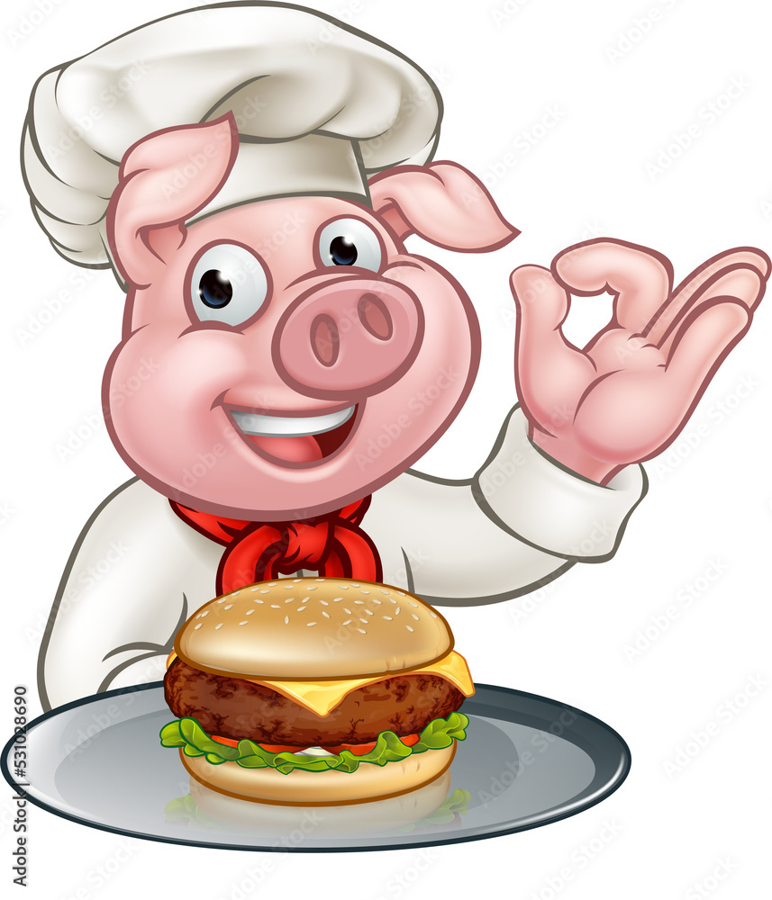 Canvas Prints Pig Chef Holding Burger Cartoon Character